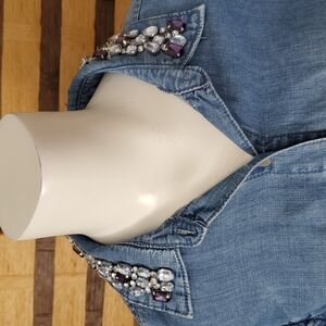 Reba Light Blue Denim Button-Down Shirt with Jeweled Collar